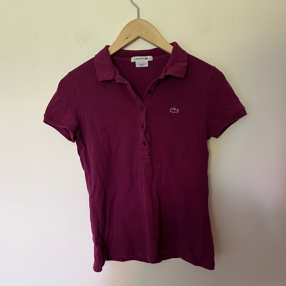 Lacoste Womens Slim Fit Pique Polo Shirt Purple Plum Size 36 Short Sleeve Cotton